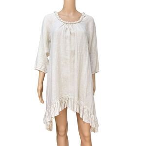 API designs 100% linen dress ivory ruffled neckline asymmetrical hemline flowy S